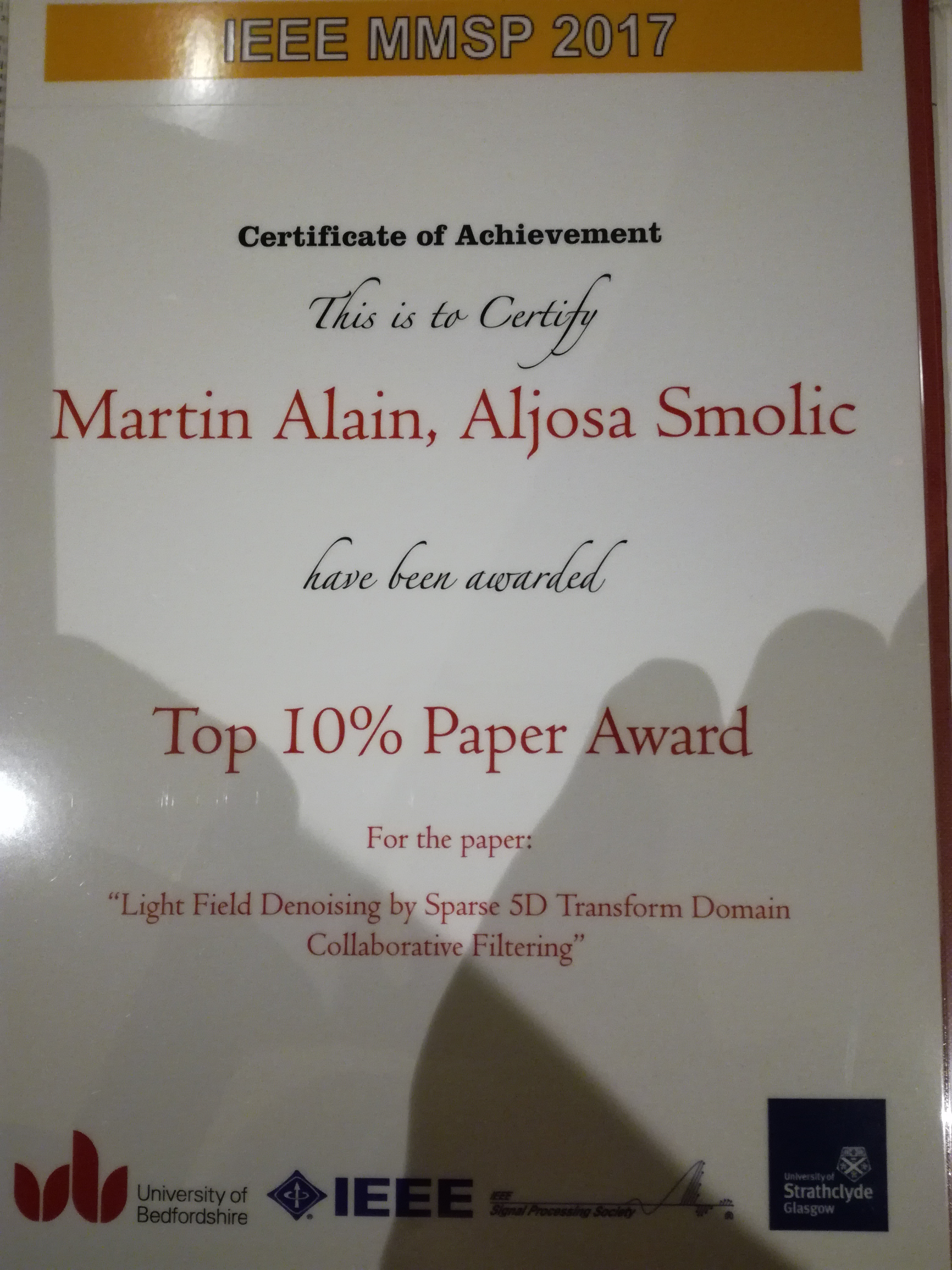 Congratulations to our colleague Martin Alain for receiving a Top 10% Paper Award at MMSP 2017 – IEEE 19th International Workshop! Congratulations to our colleague Martin Alain for receiving a Top 10% Paper Award at MMSP 2017 – IEEE 19th International Workshop!
