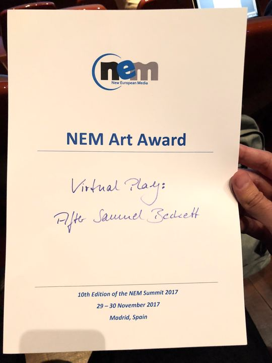 V-SENSE is awarded NEM Summit Art and Design Competition Award for Virtual Play: after Samuel Beckett! V-SENSE is awarded NEM Summit Art and Design Competition Award for Virtual Play: after Samuel Beckett!