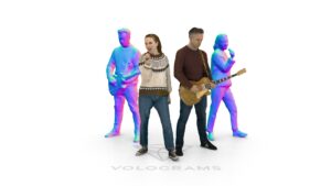 Volumetric captures of a singer and guitarist, with and without textured finishes.